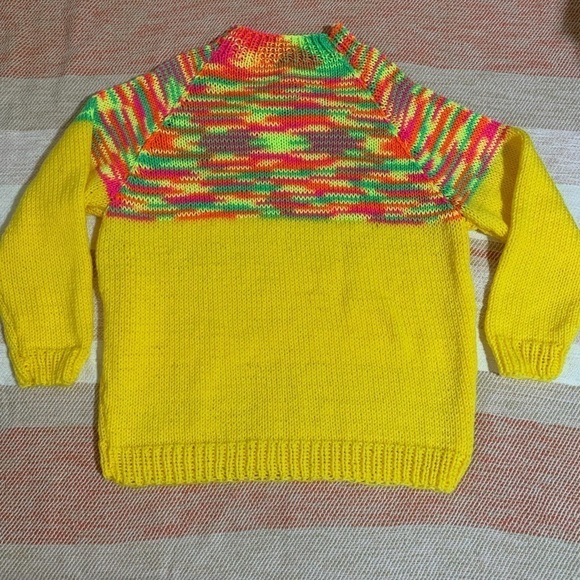 Handmade Knit Yellow Neon Flower Detail Mock Neck Sweater - Picture 7 of 11